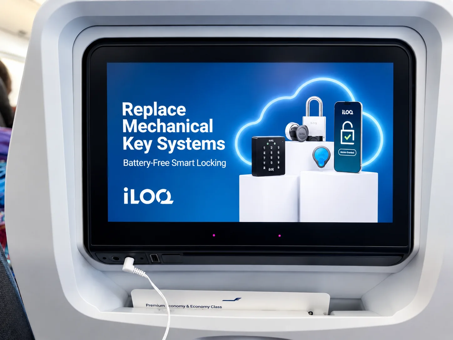 iLOQ ad on a Finnair in-flight seatback screen: Replace Mechanical Key Systems – Battery-Free Smart Locking