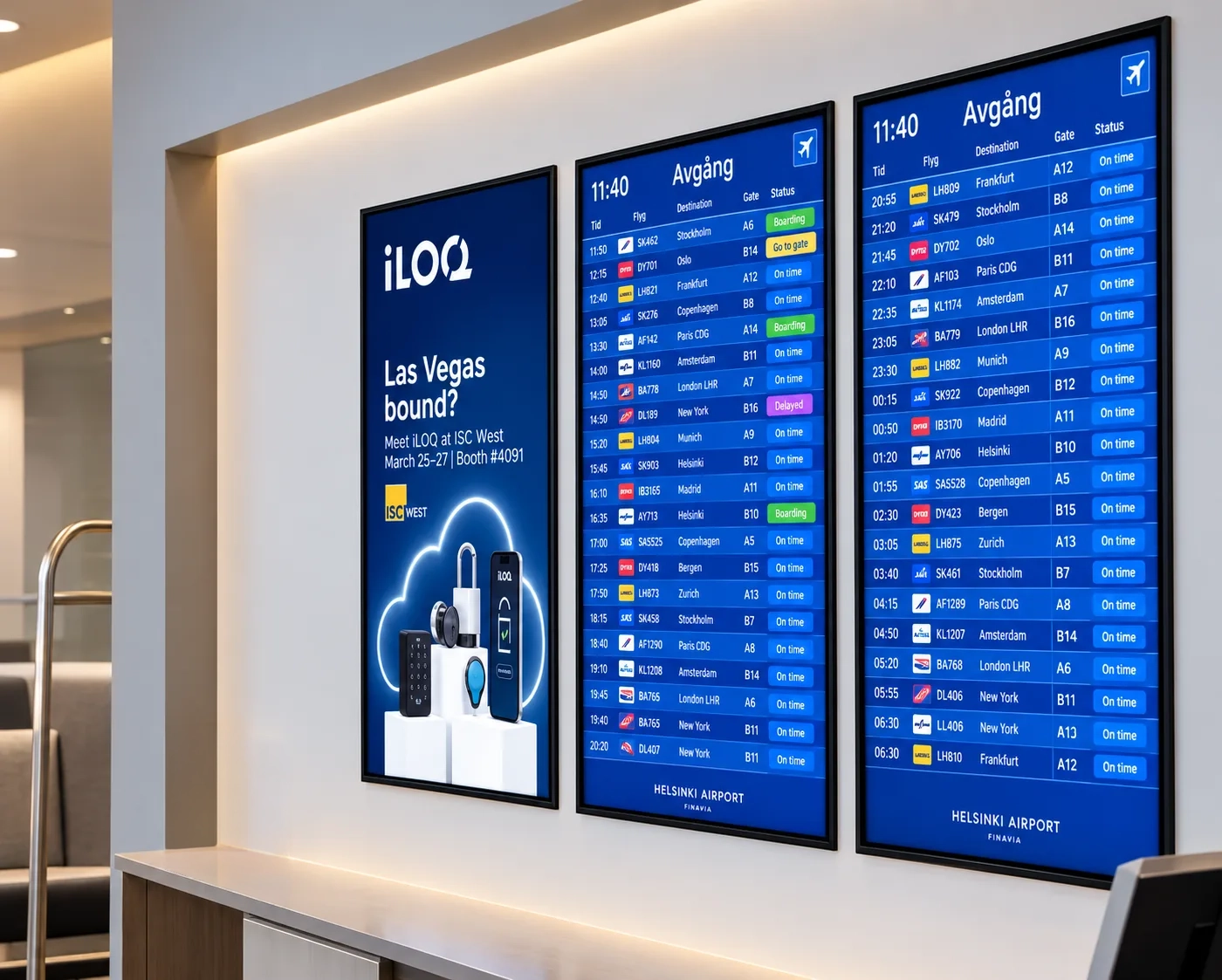 iLOQ ad in airport lounge screen